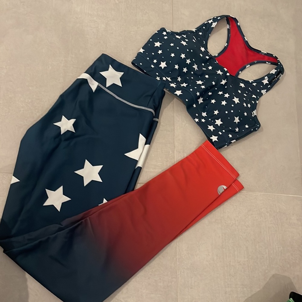 WAVE LIFE Women XS AMERICAN LEGGINGS and SPORT BRA SET STARS GRADIENT EFFECT
